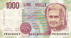 Vecchie Lire con l'immagine di Maria Montessori, simbolo della valuta italiana e dell'educazione.